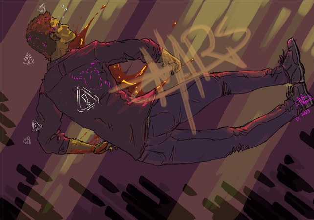 A drawing of a short-haired person in free fall, blood spurting in a line from their chest. The colors are primarily mauves and heavily muted yellows.