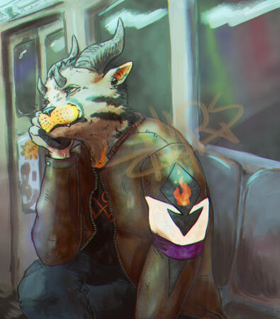 a digital illustration of a humanoid creature riding in a subway car. Its cheek is pressed into its fingers, and its elbow is resting on its knee. It appears tired and dazed. The lighting is blown out.