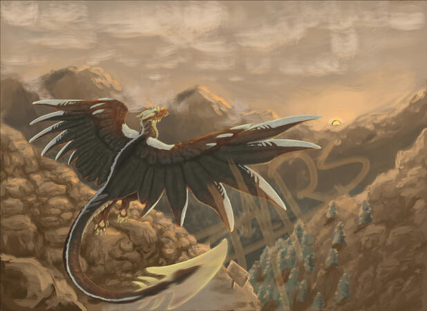 A painting of a dark gray dragon with feathered wings in flight over a mountain range. The sun is on the horizon. The dragon has silver-tipped feathers and an arrowhead tail with two sets of barbs.