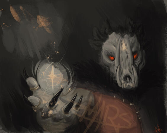 A digital painting of a humanoid creature (Asteroid) with a modified babirusa skull, six ears and glowing red eyes. It wears a black feathered cape that merges into the background, and holds out a glowing twinkle. The claws on its fingers are mounted on
