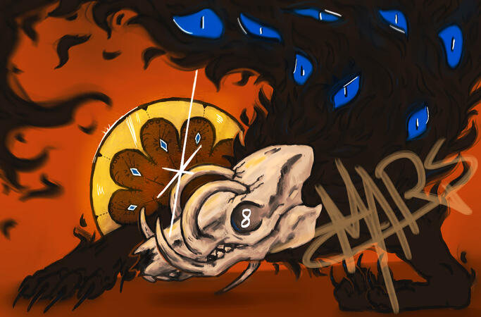 A monster with the skull of a babirusa, a type of pig with tusks that grown back to point at its head, crouches. It is made of black smoke and saturated blue eyes, and a medieval illustration halo is behind its head. the tusks pierce through the cranium.