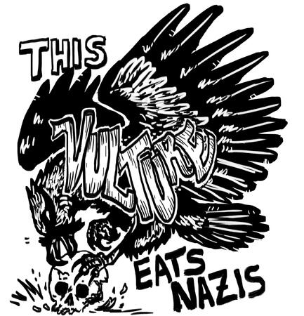 An image of a black and white sticker of a lammergeier crushing a human skull into the ground. Text reads "THIS VULTURE EATS NAZIS". 'Vulture' is stylized into the bird's shape.