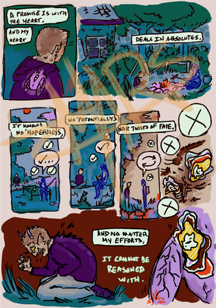 A comic page of a fae posing as a human and their human friend. The color palette of the panels slowly shifts from greens and blues to reds and mauves.