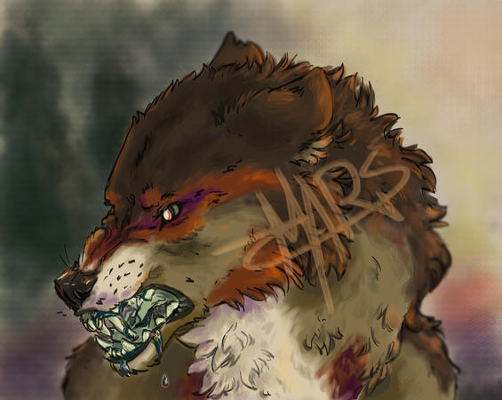 A headshot of a brown, red and cream-colored wolf in front of an out-of-focus treeline. His eyes gleam and his teeth are laced in iridescent, black liquid in lieu of saliva. The light of the piece is primarily orange and softly lit.