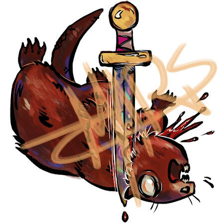 An illustration of a muskrat lying on its back in the pose of Holofernes from the famous Artemesia Gentileschi painting of Judith Slaying Holofernes. A rainbow-iridescent golden sword is slicing through its neck.