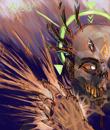 An illustration of half of a skeletal face with a green halo that looks like a targeting reticule. The right hand is clutching back an explosion of light in front of the left shoulder. The head has a burning eye over the forehead & a broken blade in the he