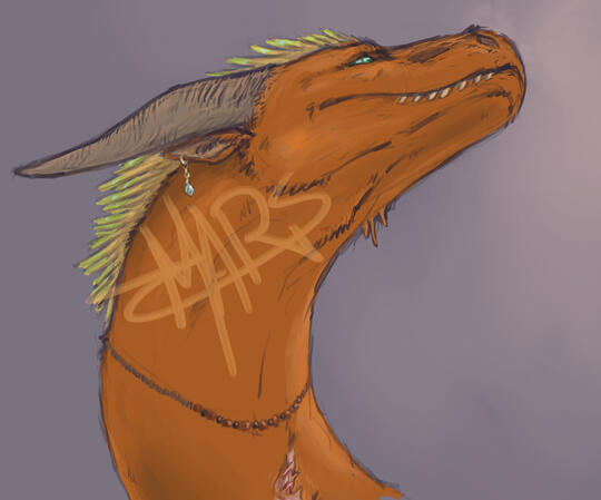 A headshot of an orange dragon with yellow quills down its neck. The skin is sloughing off of his flesh in some places, and he is coated in fine down.