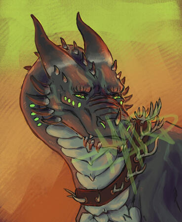 An illustration of a dark gray-green dragon over an orange, textured background. The dragon has glowing green markings and a collar with a ring of antlers attached to it.